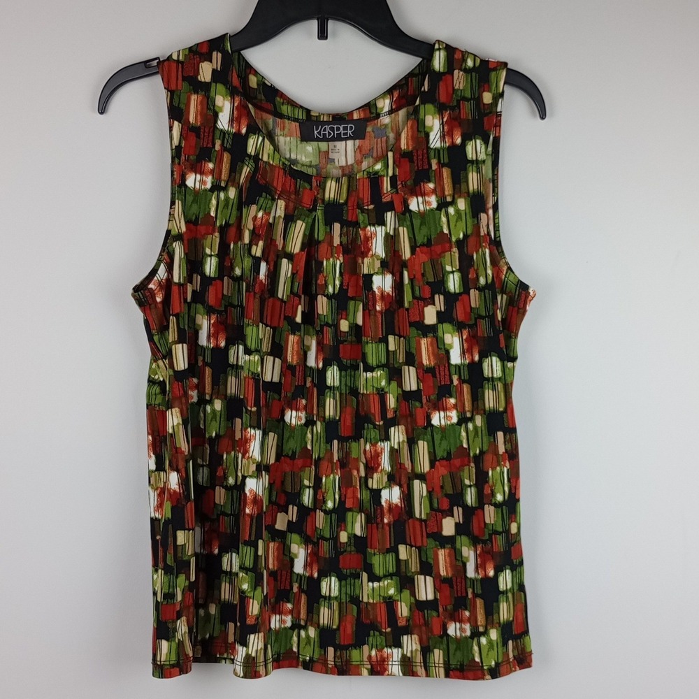 Kasper Women M Multicolor Geometric Pleated Shell Sleeveless Career Blouse Top